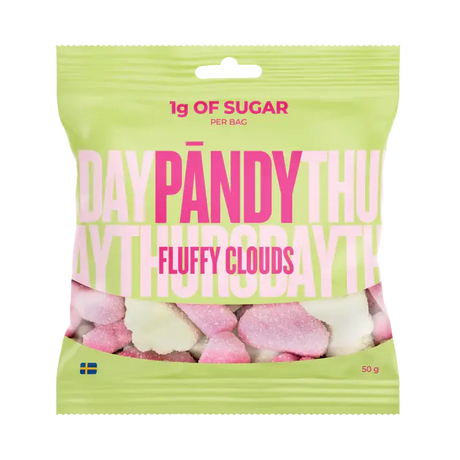 A bag of PÄNDY FLUFFY CLOUDS 50g sugar-free gummy candy from Sweden by Swedish Sweets Wholesale LLC features pink and white pieces and contains only 1g of sugar per bag—an ideal healthy treat for gummy enthusiasts. The packaging is yellow-green with bold pink lettering and a small Swedish flag in the bottom left corner.