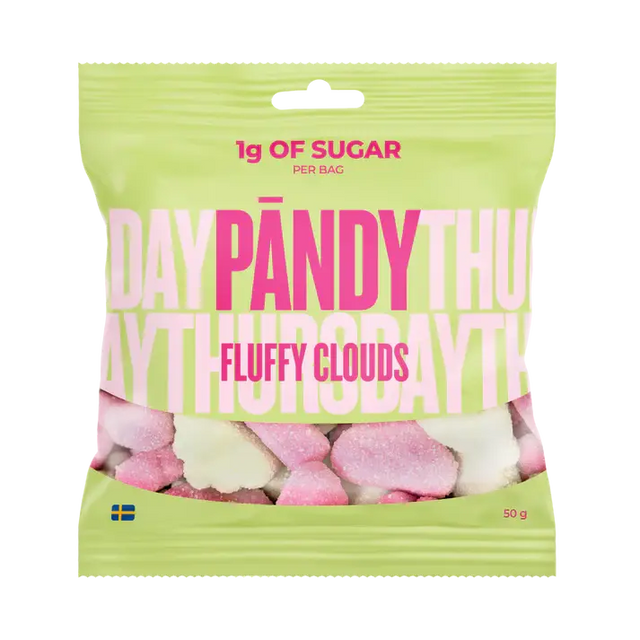 A bag of PÄNDY FLUFFY CLOUDS 50g sugar-free gummy candy from Sweden by Swedish Sweets Wholesale LLC features pink and white pieces and contains only 1g of sugar per bag—an ideal healthy treat for gummy enthusiasts. The packaging is yellow-green with bold pink lettering and a small Swedish flag in the bottom left corner.
