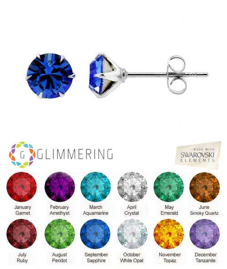 The October White Opal Sparkling Speck Swarovski® Crystal Stud Earrings feature white opal crystals in white gold rhodium plated settings, including Swarovski Elements branding. One stunning blue earring is shown for detail.