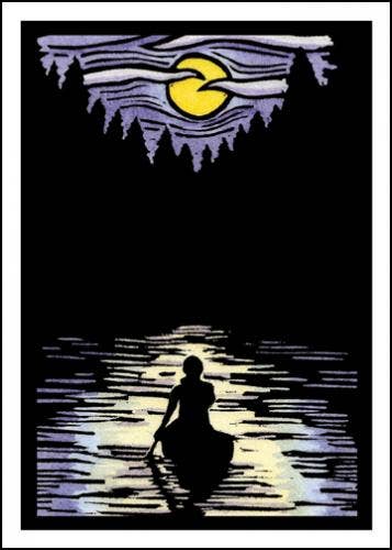 The "Solitude Canoe" greeting card by Sarah Angst features the serene silhouette of a person paddling a canoe on a moonlit lake, with tree-lined horizons crafted in exquisite detail reminiscent of linocut prints.