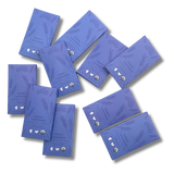 Ten purple chocolate bars with lavender illustrations and organic milk chocolate certification logos scattered on a white background.