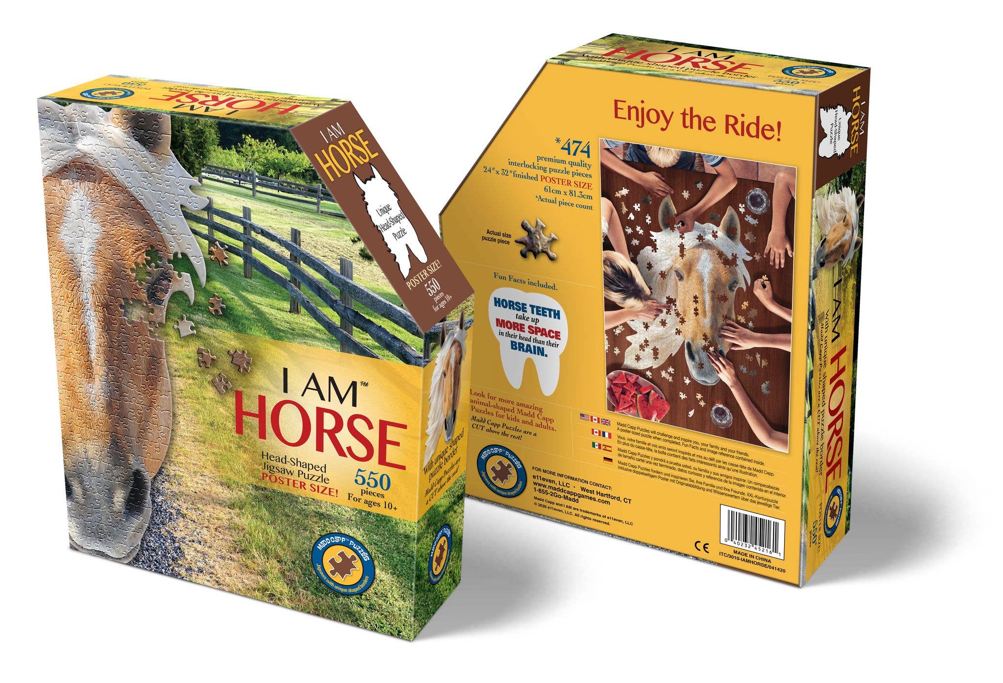 The "I AM Horse 550 piece" puzzle showcases a horse-shaped design with a front that highlights a majestic steed and fence. The back offers educational jigsaw puzzle details and displays an array of pieces, making it ideal for fans of animal head-shaped puzzles.