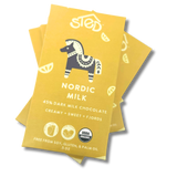 Three yellow Nordic Milk chocolate wrappers with a stylized horse and USDA Organic logo arranged on a white background.