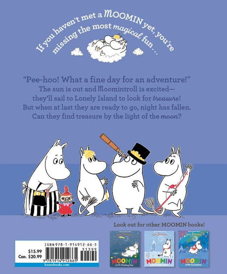 Five white cartoon Moomins, including a hippo-like character with a telescope, stand on grass under a dark sky in the “Moomin and the Moonlight Adventure” book by Tove Jansson. Three book covers are shown at the bottom.