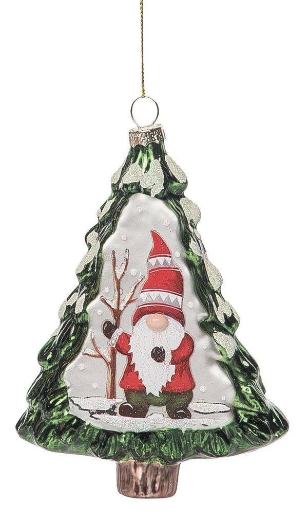 The 5.75 Glass Christmas Painted Gnome on Tree ornament features charming gnomes in red hats holding festive items, set against snowy backdrops and hanging by gold strings—an ideal addition to your holiday decor.