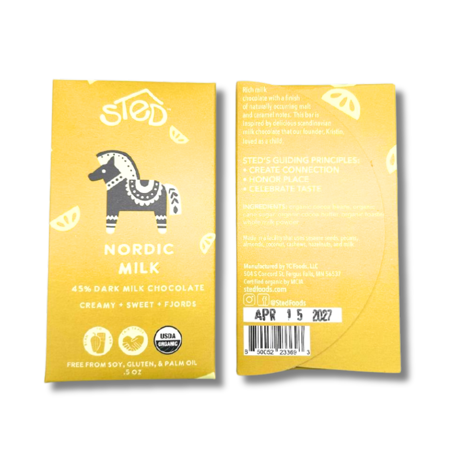 Two yellow chocolate wrappers with a horse illustration and text reading “Nordic Milk, 45% Dark Milk Chocolate.”.