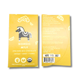 Two yellow chocolate wrappers with a horse illustration and text reading “Nordic Milk, 45% Dark Milk Chocolate.”.