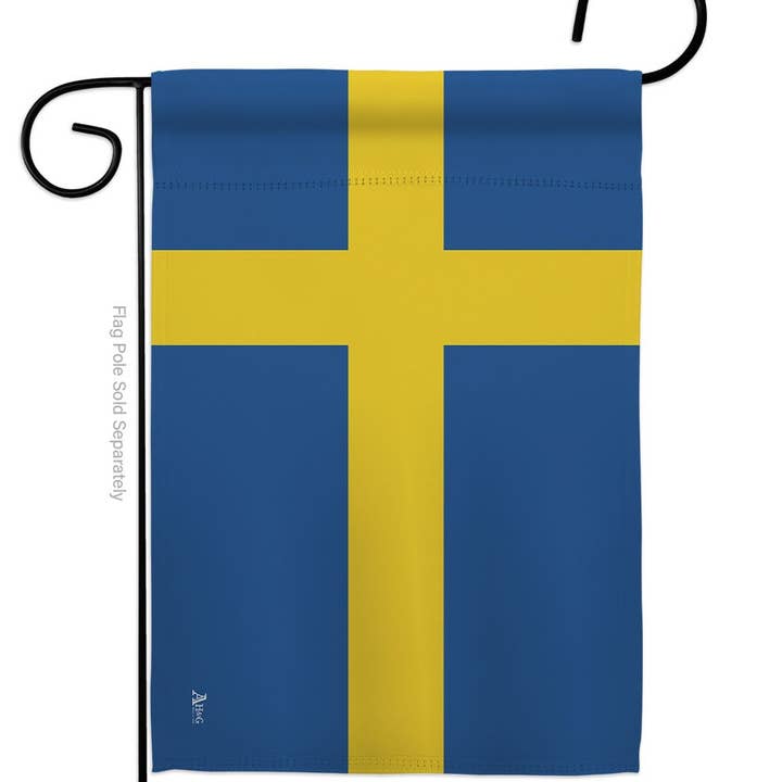 The Flag: Sweden Garden Flag displays the iconic blue and yellow cross on weather-resistant fabric and hangs vertically from a black metal stand, adding lasting Scandinavian charm to any outdoor space.