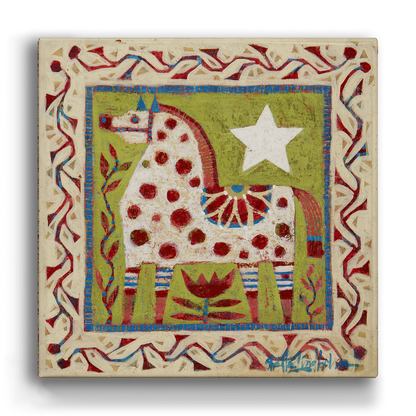 The Wall Decor: Red Dala Horse - Metal Box Art (Aluminum Box, 18" x 18") features a stylized red Dala horse with red spots and a white star, centered within a colorful border of plant motifs inspired by Swedish folk art.
