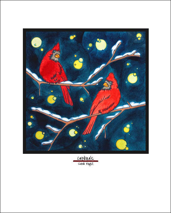 The 8"x10" Giclee Print titled "Winter Cardinals" features an illustration of vibrant cardinals perched on snow-covered branches against a backdrop of a starry night sky, making it perfect for Christmas decor.