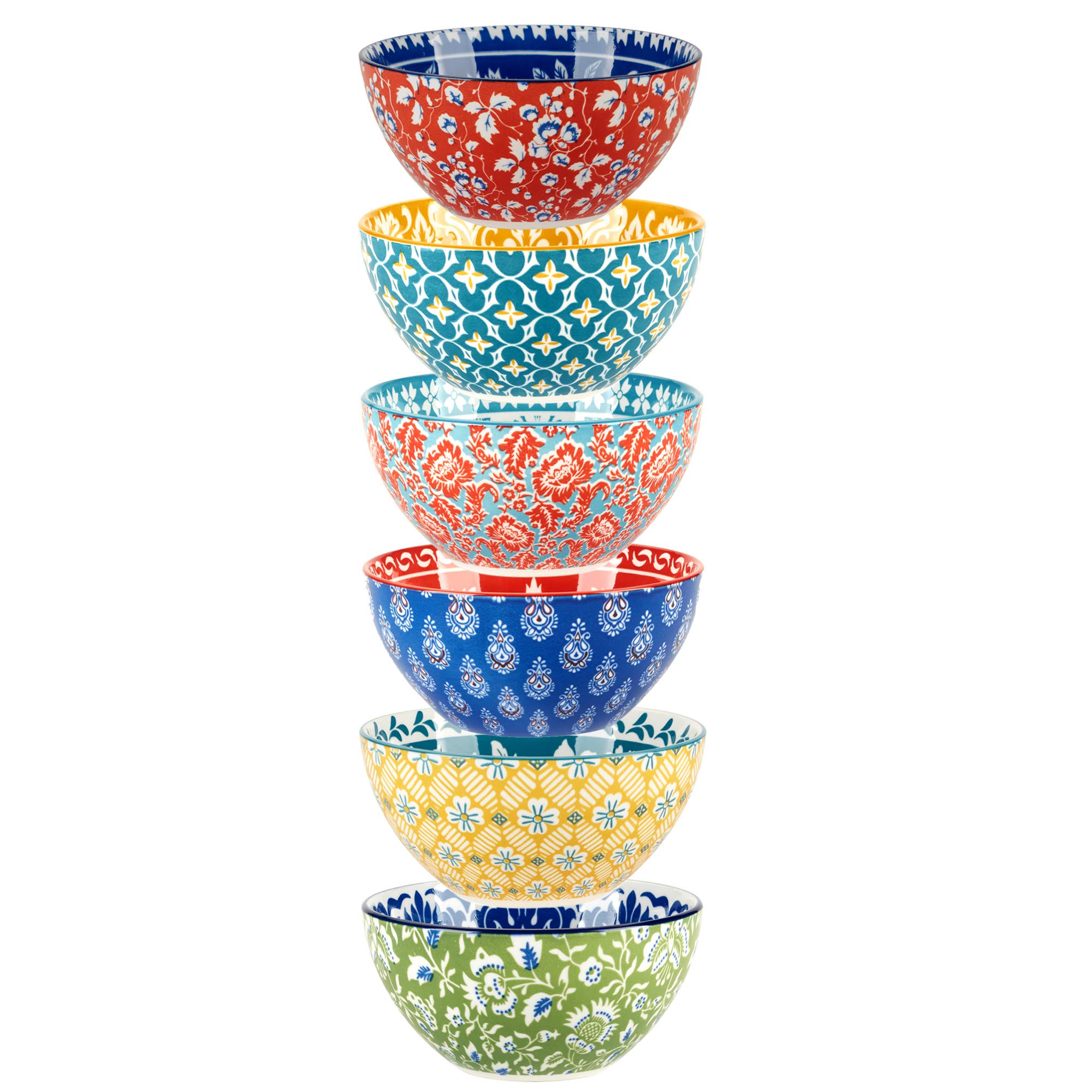 A stack of six 6.25in Multi-Color Patterned Porcelain All Purpose Bowls, each with a unique design—a vibrant set ideal for any table setting.