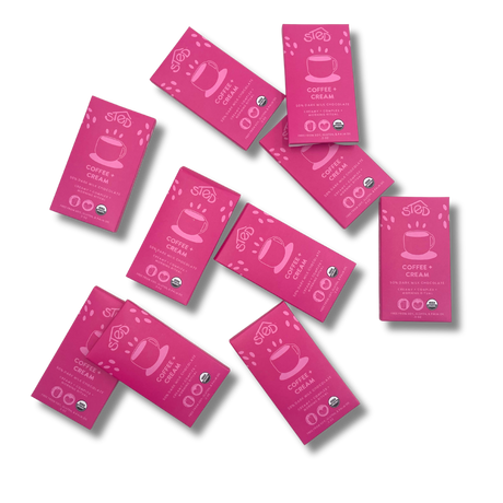 Nine pink chocolate bars labeled Ethiopian coffee, each with a white cup illustration and organic certification icons, arranged on a white background.