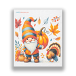 Swedish dishcloths featuring a gnome holding a pumpkin, standing beside a turkey among autumn leaves and pumpkins.
