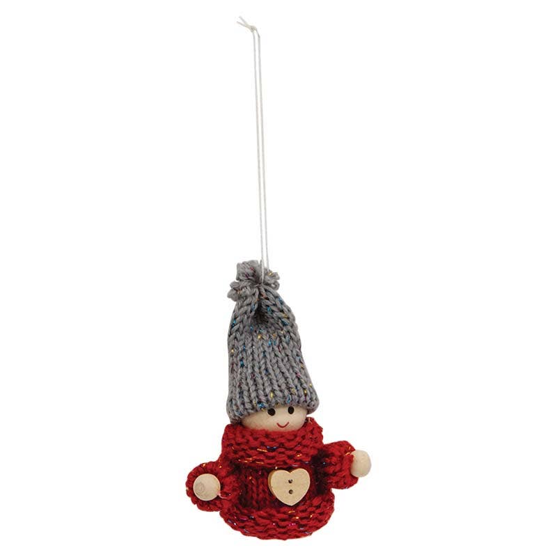 Small gnome ornament with gray knit hat, red sweater featuring a heart, wooden hands, smiling face, and attached hanging string.