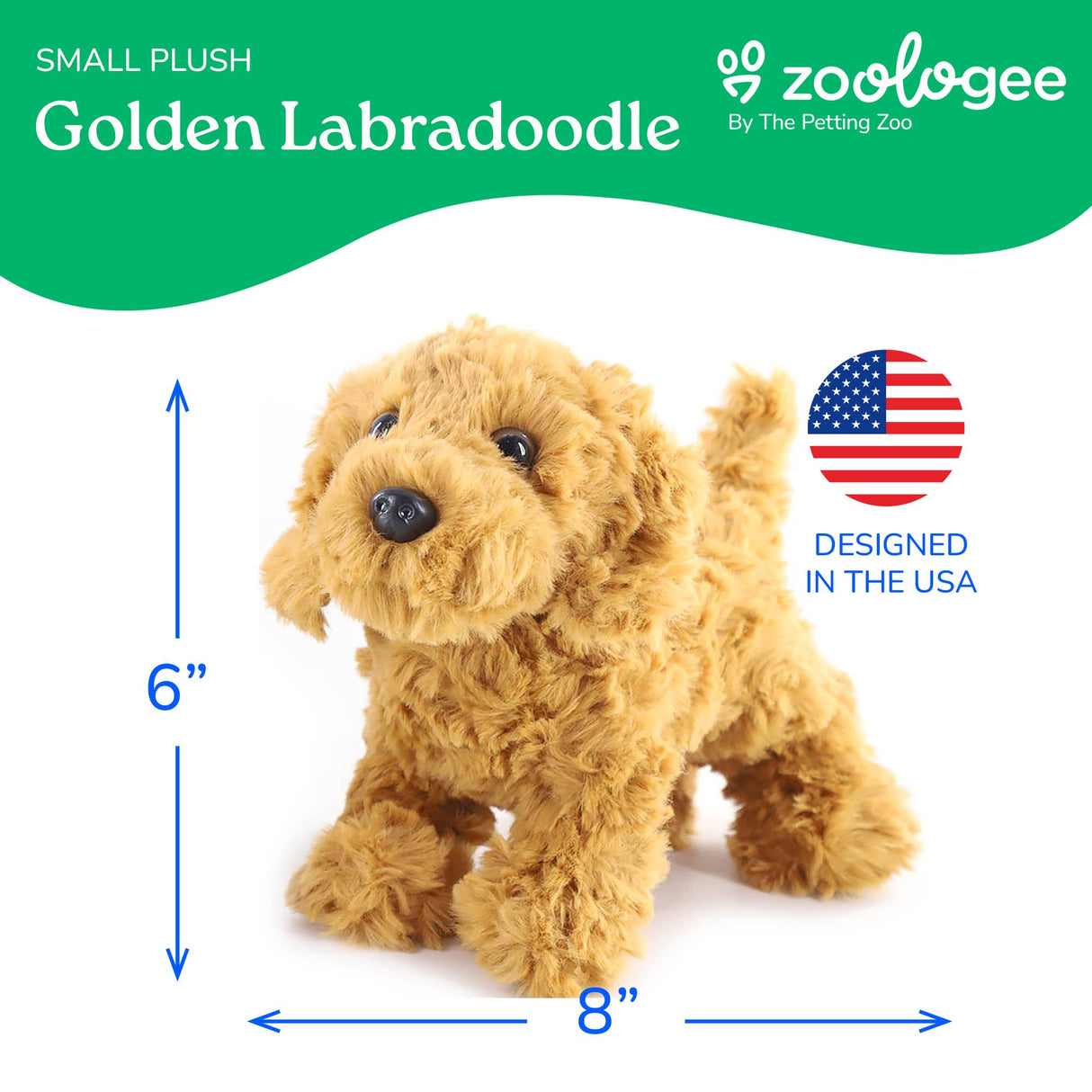 Golden Doodle plush stuffed animal measuring 6x8 inches, with a USA flag graphic and “Designed in the USA” text on its side. Brand name Zoologee visible.