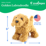 Golden Doodle plush stuffed animal measuring 6x8 inches, with a USA flag graphic and “Designed in the USA” text on its side. Brand name Zoologee visible.