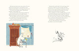 A white cartoon creature sits at a table reading; the next page shows a small black dragon illustration and text on a light background from the Book: Last Dragon in Moominvalley by Tove Jansson.