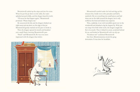 A white cartoon creature sits at a table reading; the next page shows a small black dragon illustration and text on a light background from the Book: Last Dragon in Moominvalley by Tove Jansson.