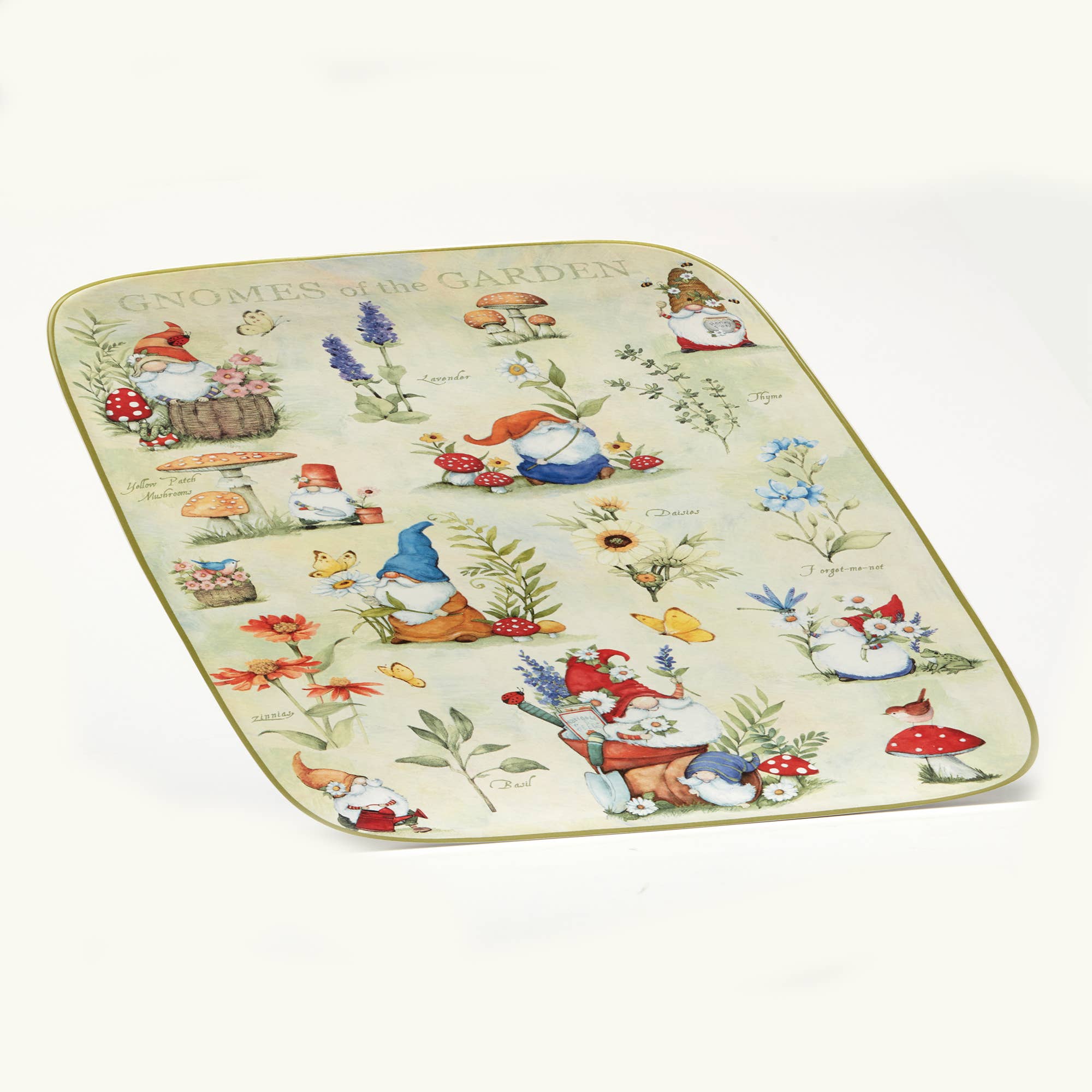 The Gnomes of the Garden Rectangular Platter (14in x 10in) adds a whimsical touch to your decor with charming illustrations of garden gnomes and labeled plants.