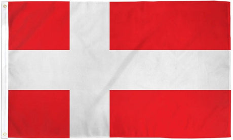 The Flag: Denmark Polyester (3x5) is weather-resistant and features a white cross reaching the edges, dividing the red background into four rectangles.
