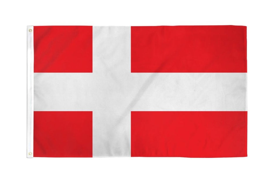 The Flag: Denmark Polyester (3x5) is weather-resistant and features a vibrant red background divided into four rectangles by a bold white cross running horizontally and vertically.
