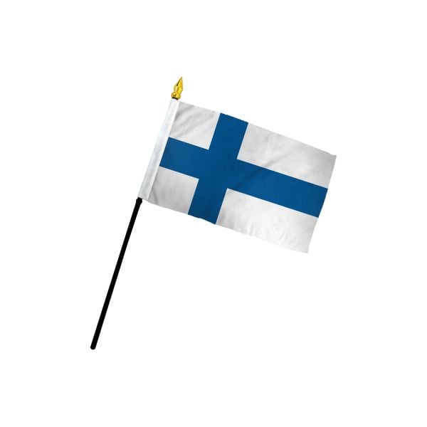 The Flag: Finland/Finnish Stick Flag – 4x6 Inch Handheld Flag features a blue Nordic cross on a white background, mounted on a black stick with a gold finial.