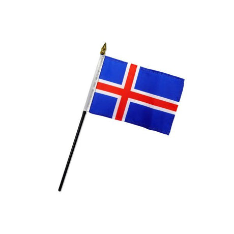 The Flag: Iceland/Icelandic Stick Flag is a 4x6 inch handheld flag, made of durable polyester with a blue background, red cross outlined in white, attached to a black stick with a gold tip.