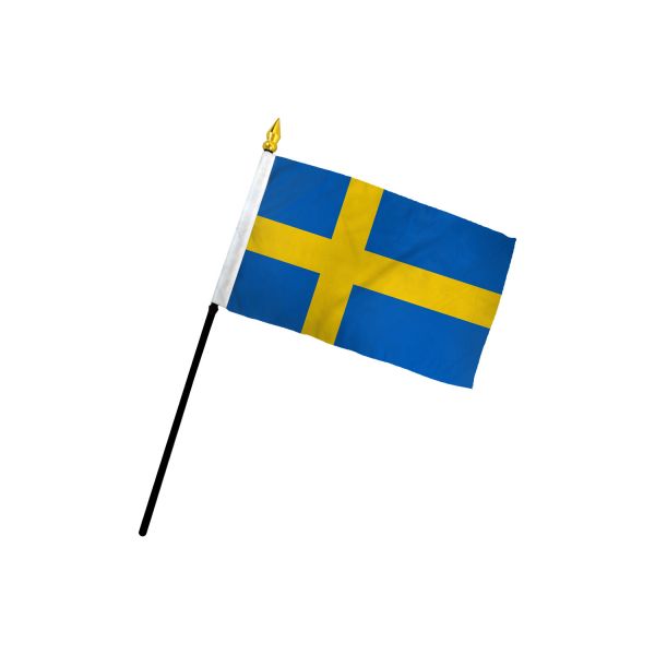 The Flag: Sweden/Swedish Stick Flag – 4x6 Inch Handheld Flag features a blue design with a yellow Nordic cross on a black pole with a gold tip, ideal for representing Sweden as a compact national flag.