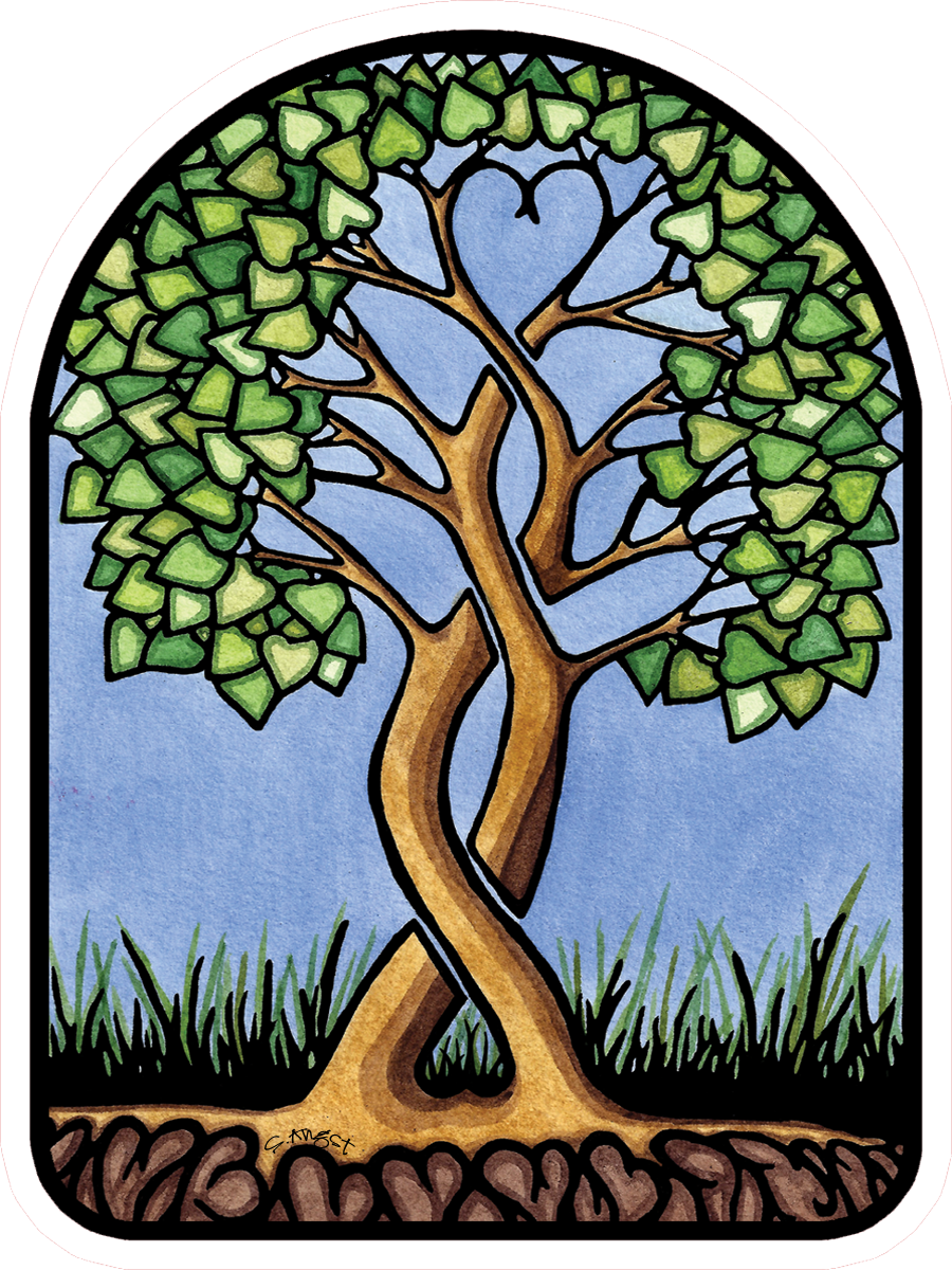 A Sarah Angst Art piece, this Together Forever Vinyl Sticker features intertwined trees with green leaves on a blue background framed in an arch. Its UV protected and weatherproof for lasting beauty.