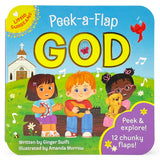 Children sit on a bench outside a church, with one playing guitar, on the colorful cover of "Book: Peak a Flap God 12 Chunky Flaps," a board book that celebrates God’s love.