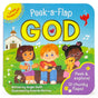 Children sit on a bench outside a church, with one playing guitar, on the colorful cover of "Book: Peak a Flap God 12 Chunky Flaps," a board book that celebrates God’s love.