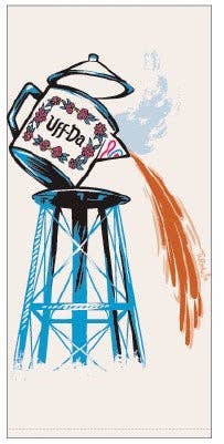 Charming illustration of a floral teapot labeled "Uff Da" pouring onto a water tower, with swirling steam—a delightful piece of Minnesota art featured on the Tea Towel: Uff Da Water Tower Tea Towel. Perfect for any kitchen!.
