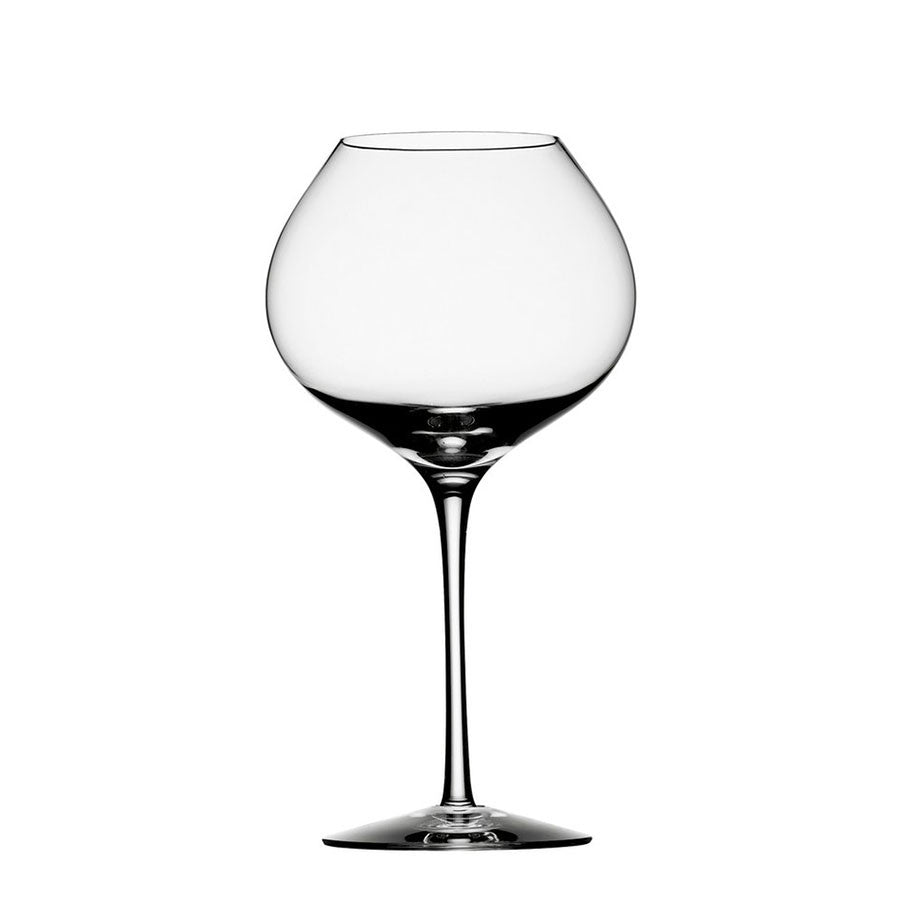 The Orrefors Difference Mature Glass 22oz (2-Pack) stands elegantly against a white background, showcasing Swedish craftsmanship with its wide bowl, tall thin stem, and circular base.