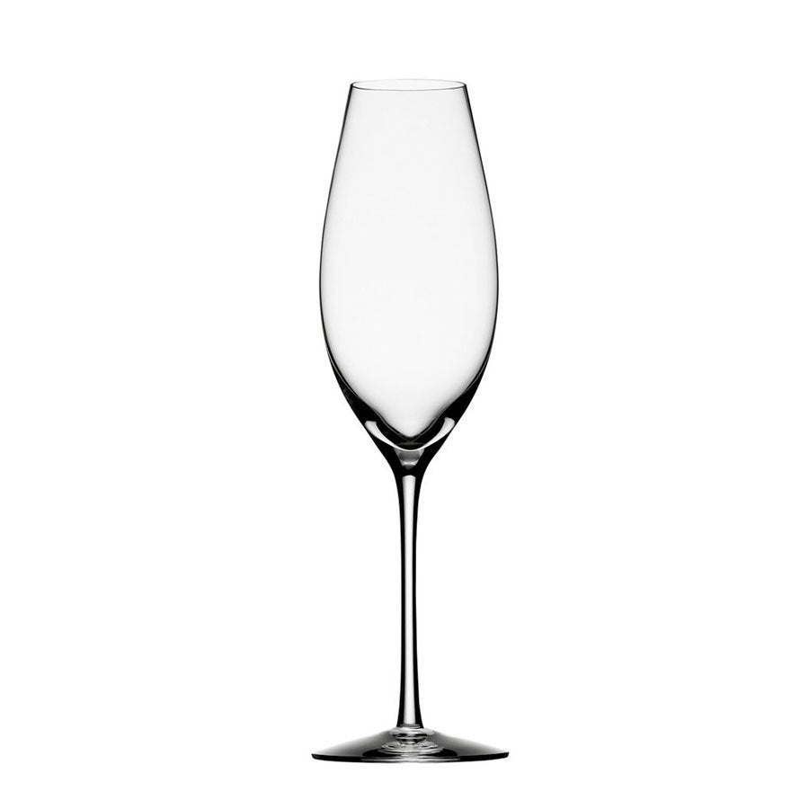 The Orrefors Difference Sparkling Wine Glass, a 10oz mouth-blown champagne flute with a slender stem, graces the white background, embodying Swedish artistry.