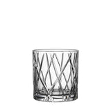 A clear, short Orrefors crystal glass with a geometric crisscross design from the City Double Old Fashioned Glass 11oz (2-Pack).