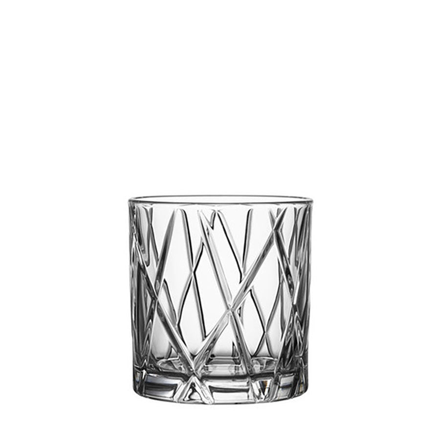 A clear, short Orrefors crystal glass with a geometric crisscross design from the City Double Old Fashioned Glass 11oz (2-Pack).