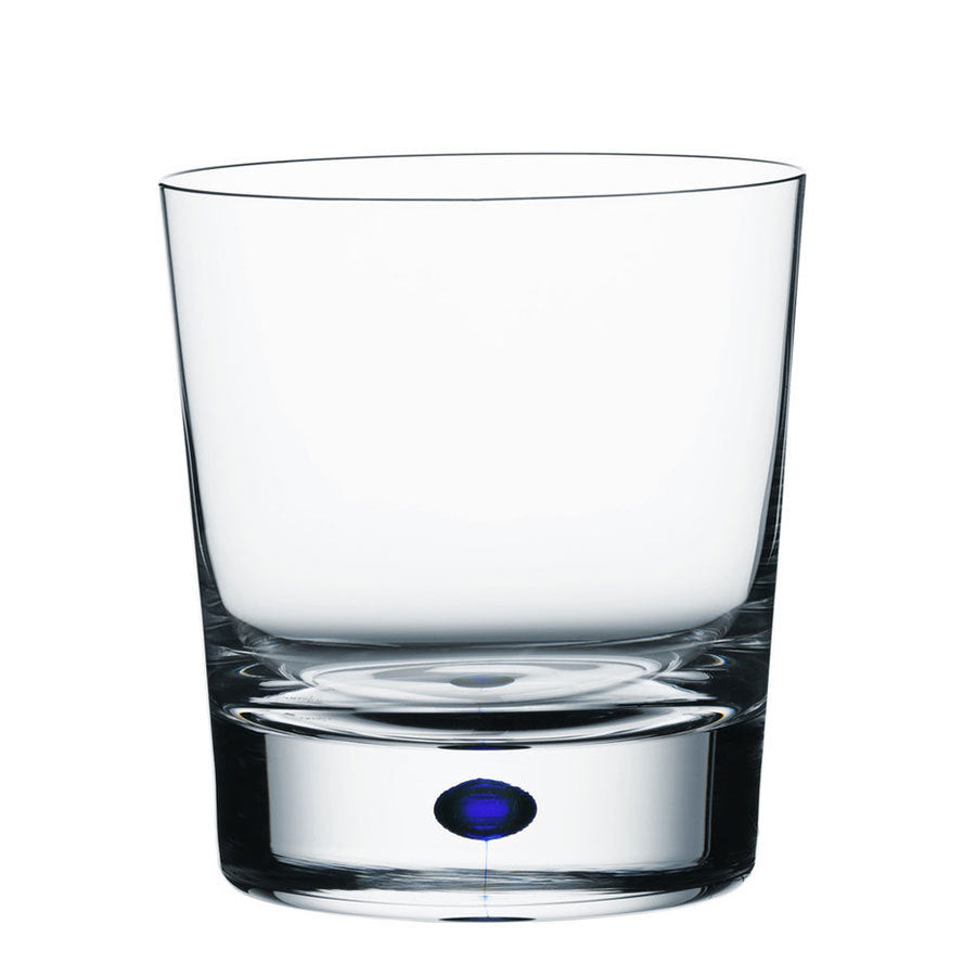 The Orrefors Intermezzo Blue Double Old Fashioned Glass 13.5oz showcases a clear design with a thick base and features the signature blue circle at the bottom.