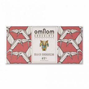 OmNom Milk Chocolate of Madagascar 45% (60g) features a geometric bird design on a pink background with illustrated birds—a unique Icelandic chocolate creation.