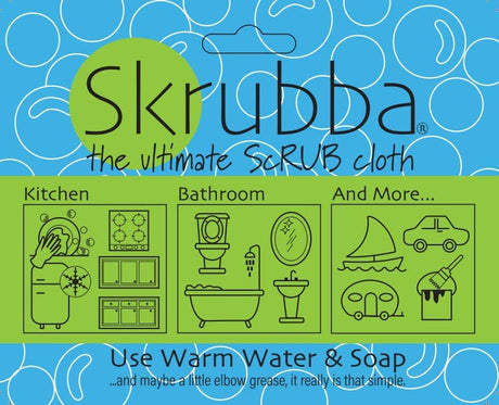 Packaging for Scrubby: Vogue Skrubba Cloth—a scratch-free scrubber for kitchen, bathroom, cars, boats, and painting tools. For eco-friendly cleaning, use with warm water and soap.