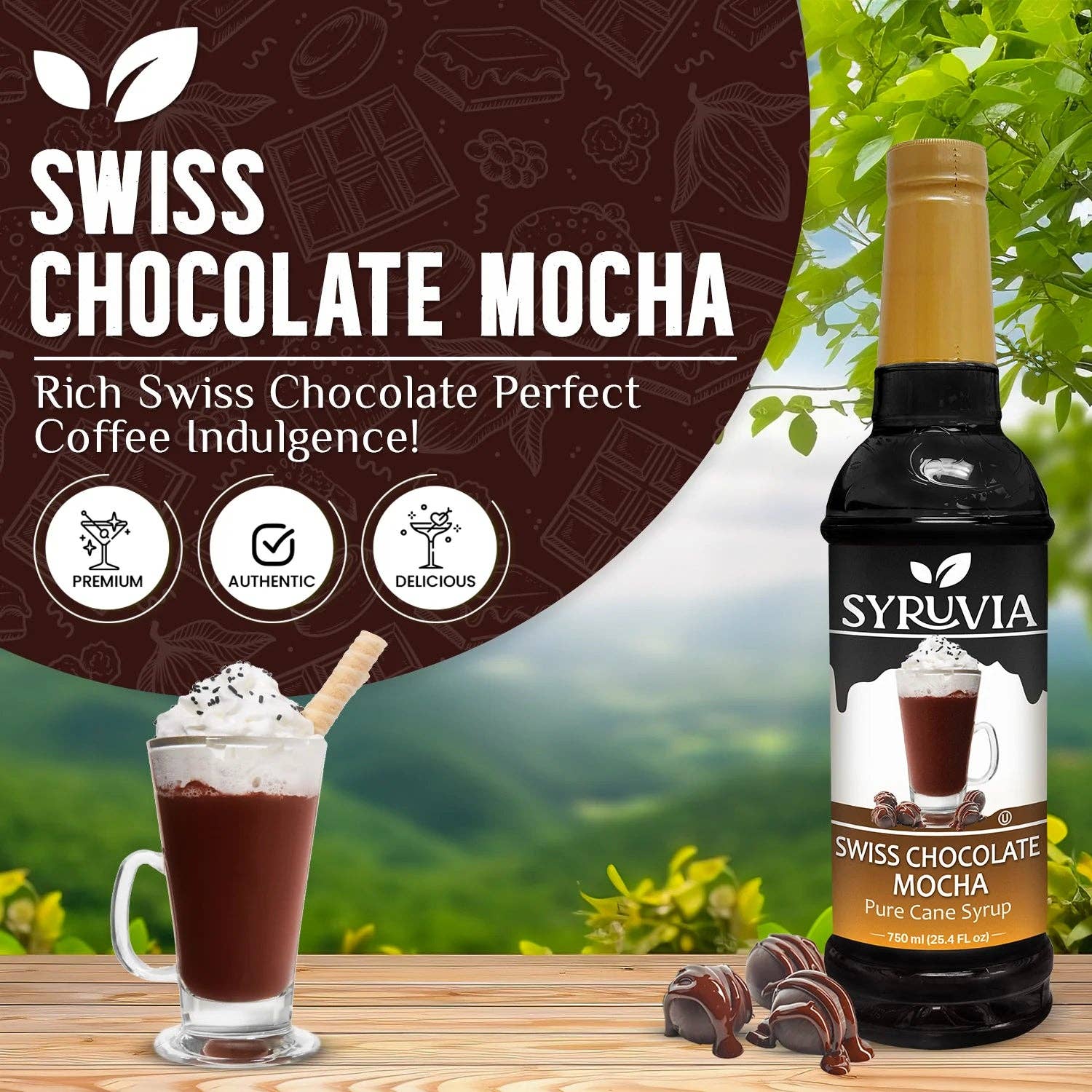 Bottle of Syruvia Swiss Chocolate Mocha Syrup with Pure Cane Sugar, paired with a chocolate mocha drink topped with whipped cream and chocolate pieces—made from authentic Swiss chocolate for a rich treat in an outdoor setting.