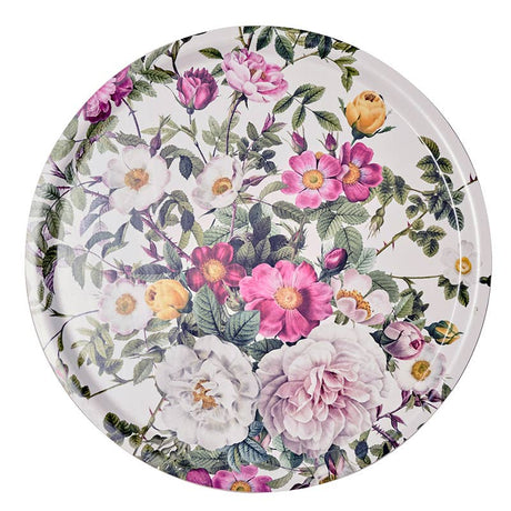 The Rose Flower Garden Round Serving Tray (14.9) by Koustrupco of Denmark features pink, white, and yellow blooms with green leaves on white—capturing Nordic charm and perfect for serving or displaying treats.