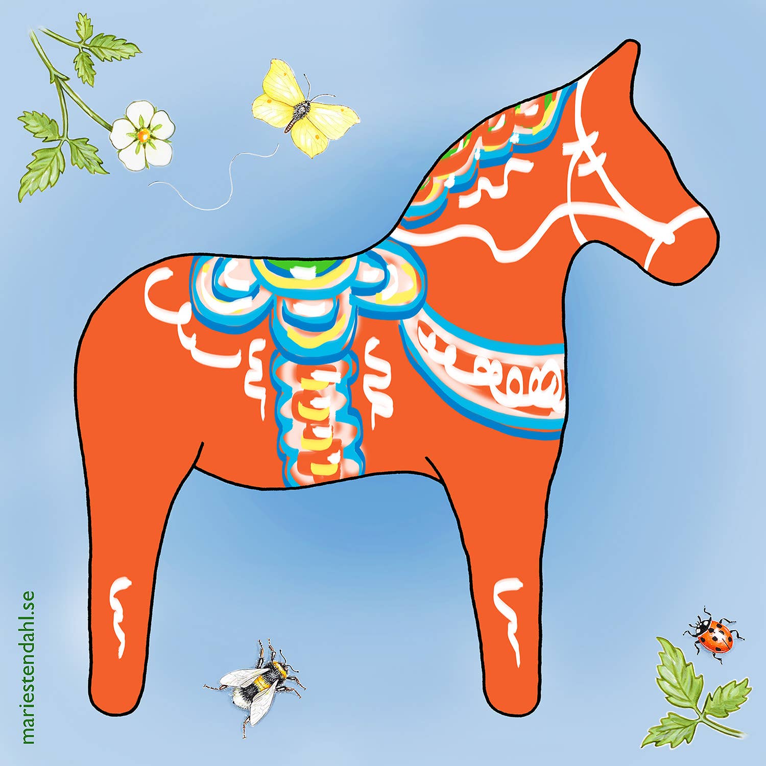 This eco-friendly kitchen cloth features Marie Stendahls illustration of a traditional orange Swedish Dala horse with colorful decorations, surrounded by insects and flowers on a blue background, blending tradition with sustainability.