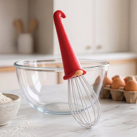 The OTOTO Whisk: Gnome Wire Whisk—with its playful red handle—leans inside a clear glass mixing bowl atop a kitchen counter. Beside it sit a carton of brown eggs and a bowl of flour, creating an inviting scene for any aspiring chef searching for an adorable kitchen companion. With the softly lit, out-of-focus background drawing attention to this giftable baking tool, it’s ready to blend batter or whip cream as he "spins through the bowl with a hop & a skip!.