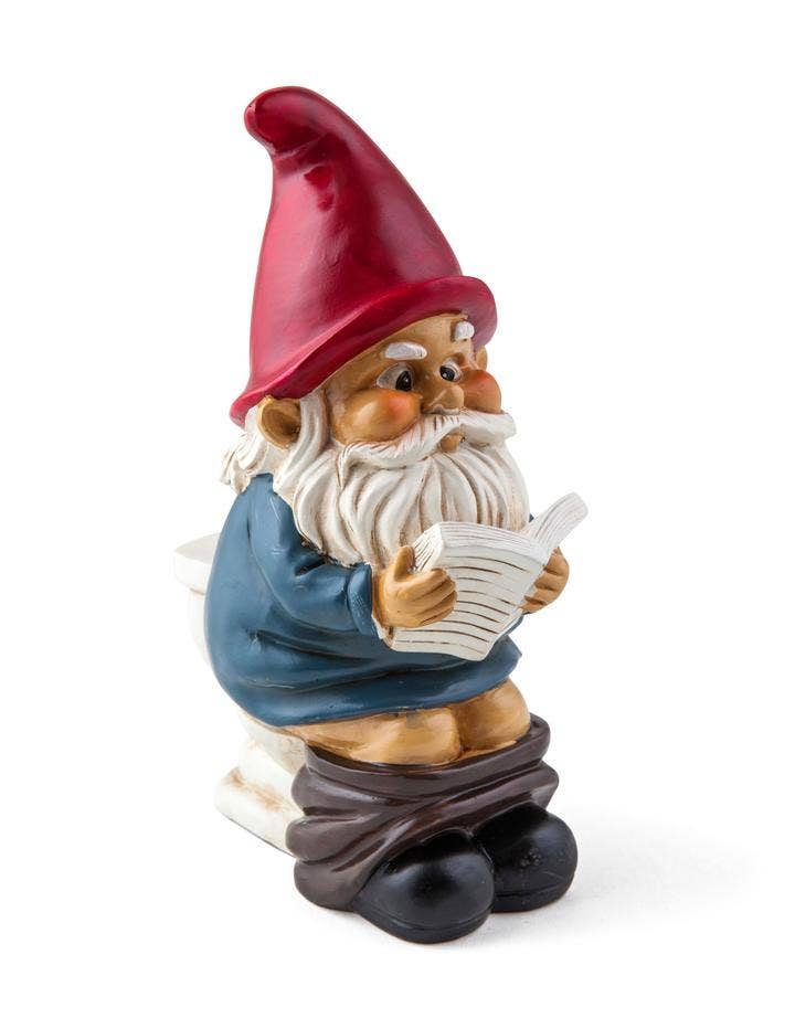 The Garden Gnome: Gnome on a Throne features a whimsical character with a red hat and blue shirt, humorously seated on a toilet as he reads a newspaper.