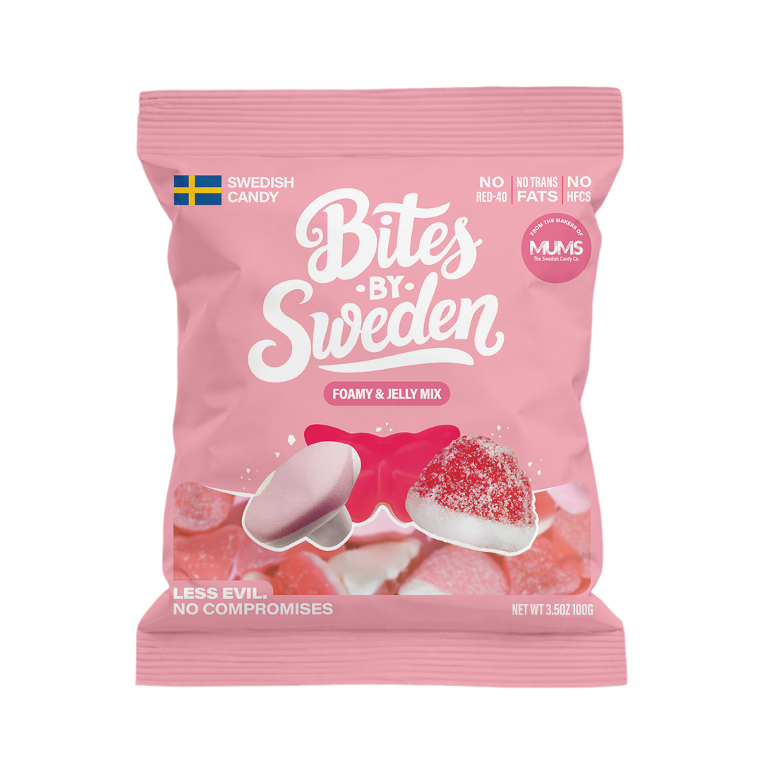 Pink bag of Swedish candy with images of gummies, Swedish flag, and visible text stating no trans fats, no HFCS, and non-GMO.