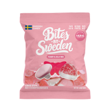 Pink bag of Swedish candy with images of gummies, Swedish flag, and visible text stating no trans fats, no HFCS, and non-GMO.