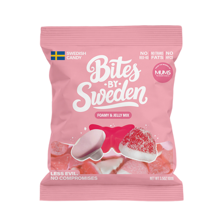 Pink bag of Swedish candy with images of gummies, Swedish flag, and visible text stating no trans fats, no HFCS, and non-GMO.