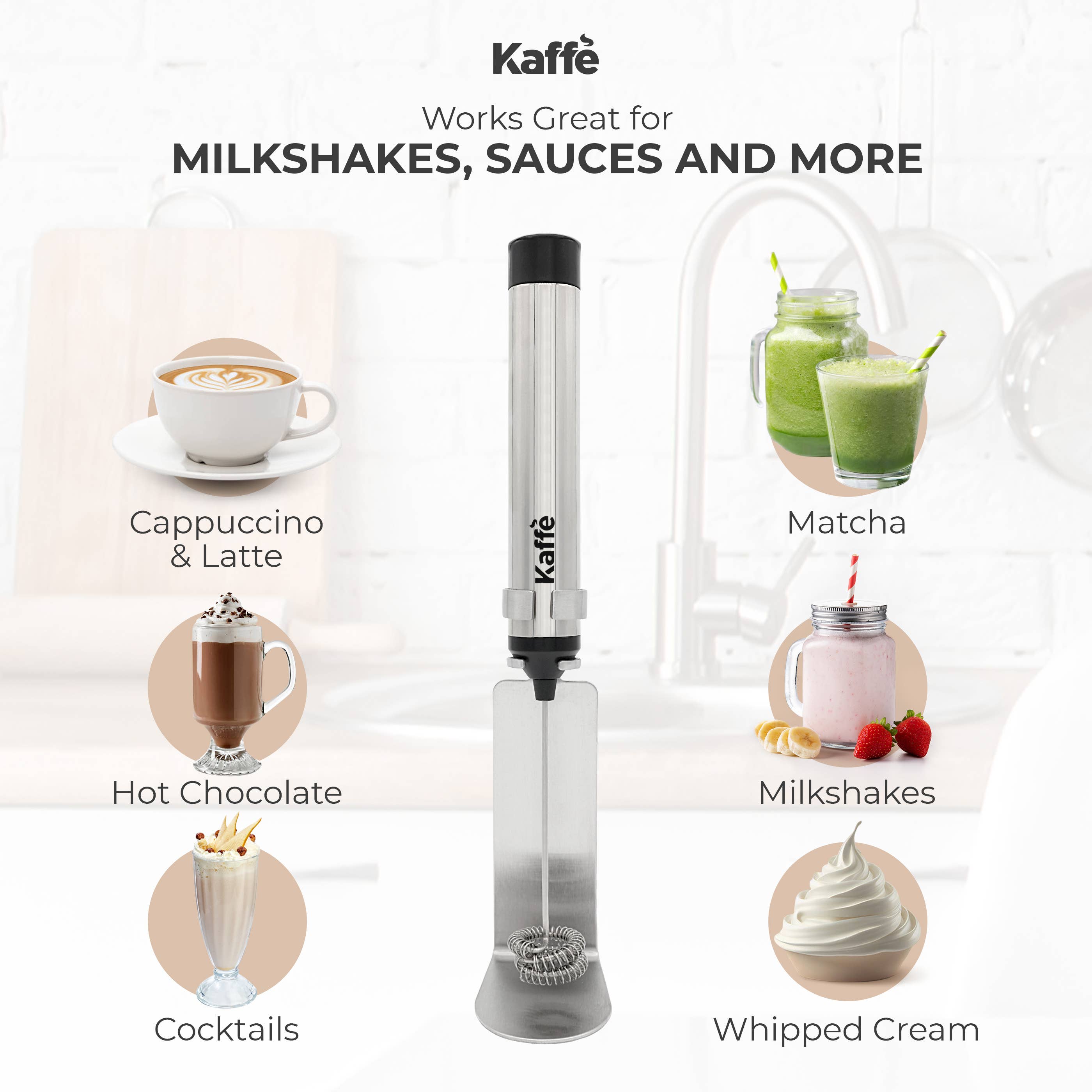 The Frother: Kaffe Handheld Milk Frother with Stand (USB Rechargeable, Stainless Steel) is shown with images of cappuccino & latte, hot chocolate, cocktails, matcha, milkshakes, and whipped cream surrounding it.