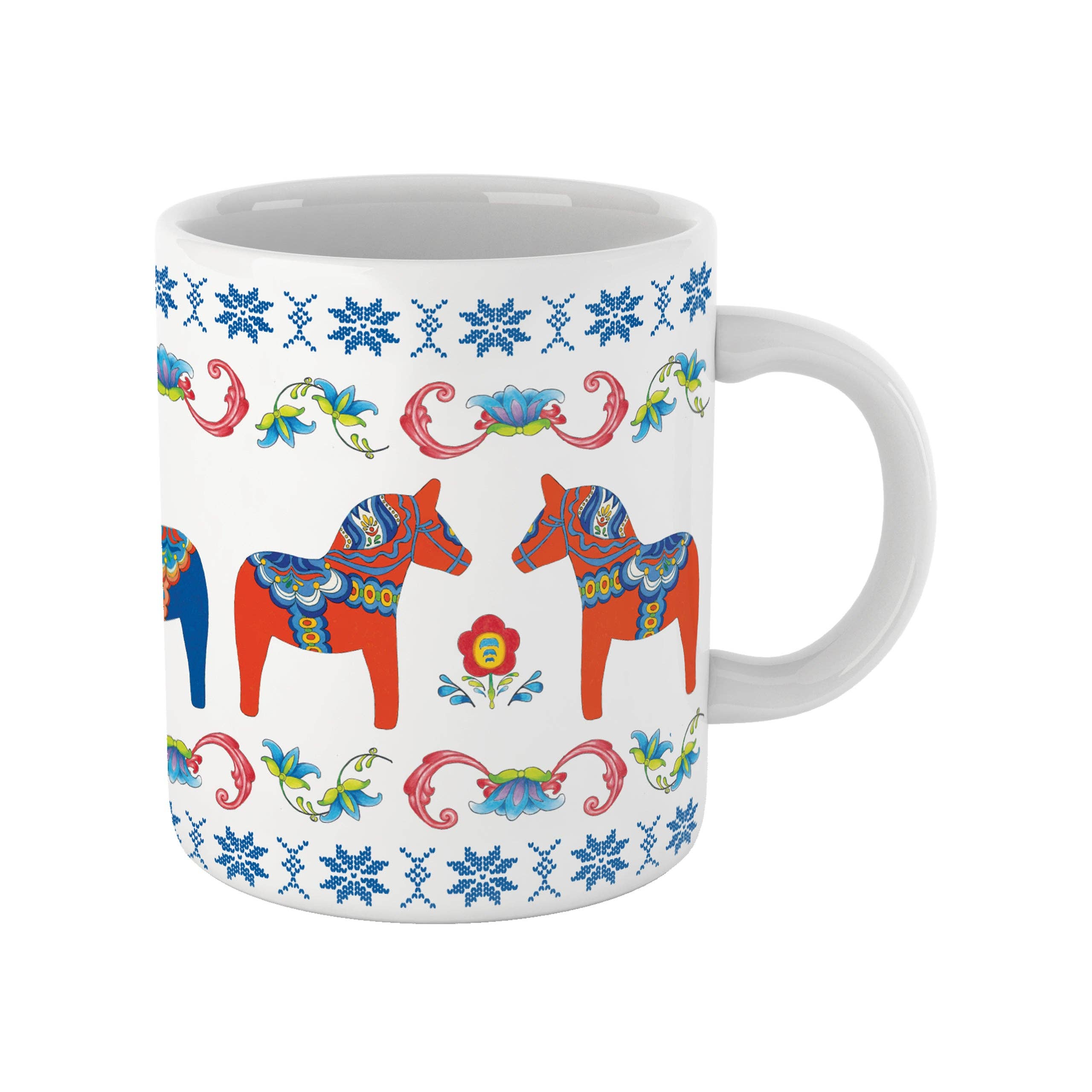 The Mug: Dala Horse Rosemaling Design Ceramic Coffee Cup beautifully showcases Scandinavian design with vibrant folk art, featuring red and blue Dala horses, intricate floral patterns, and decorative borders.