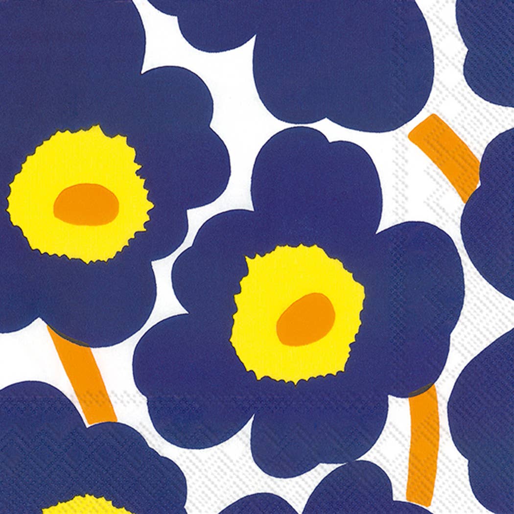 The Marimekko Unikko Dark Blue Floral Cocktail Napkins feature a stylish design with dark blue flowers, bright yellow centers, and orange stems on a white background, perfect for elegant gatherings. Pack of 20.